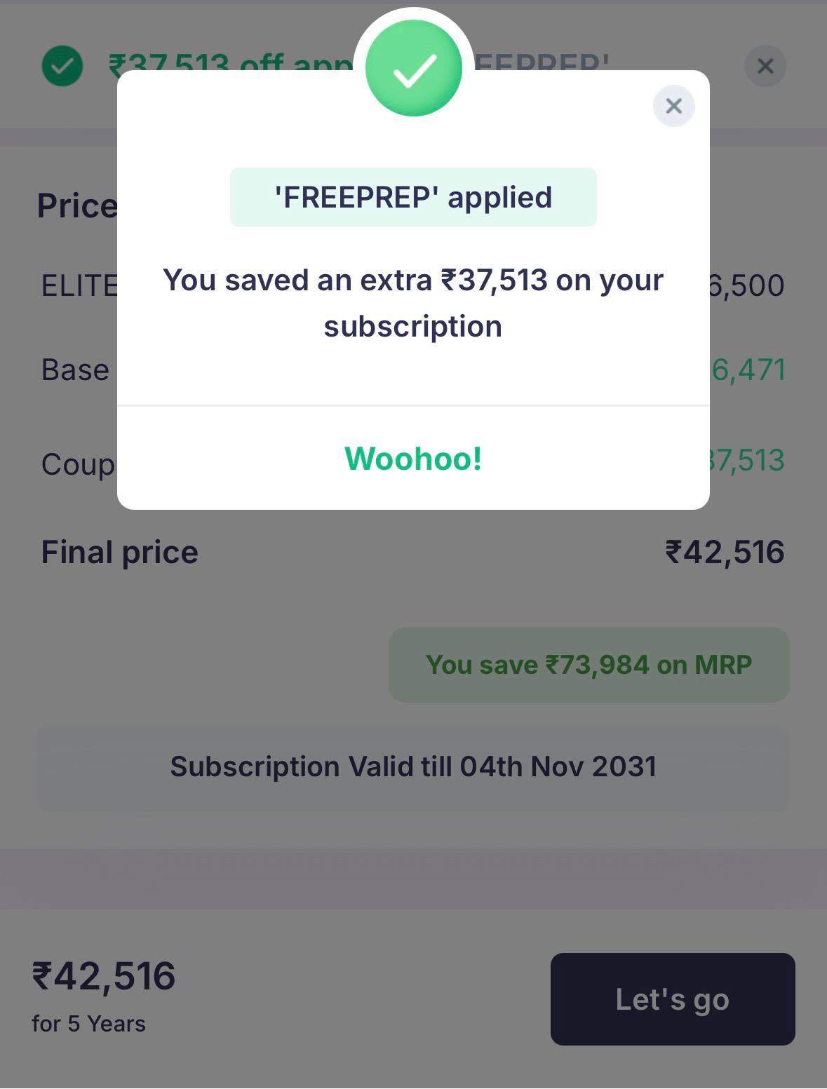 PrepLadder coupon code FREEPREP applied showing ₹37,513 extra savings and final subscription price